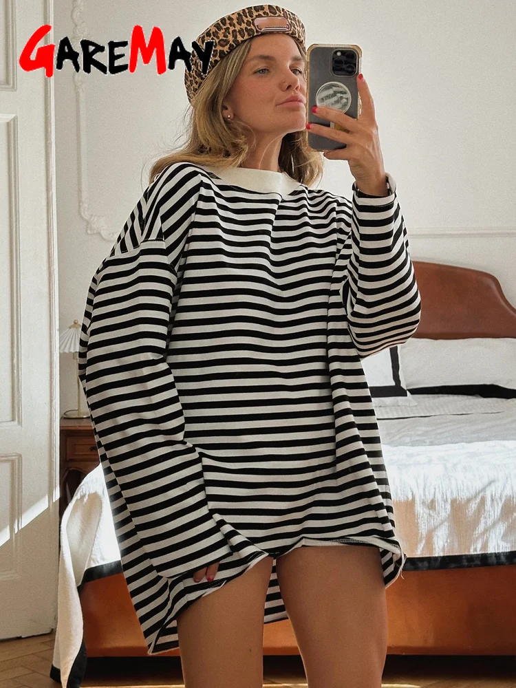 T-shirt Rayé à Manches sulfpour Femme, 95% Coton, Noir et Blanc, Décontracté, Basique, Vintage 1
