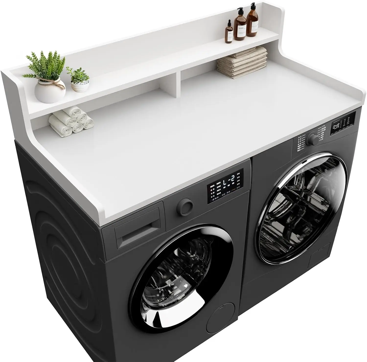 

Двухуровневая подставка для стиральной машины и сушилки 54 x 27,55 дюймов с бортиком для организации прачечной, цвет Whisper White