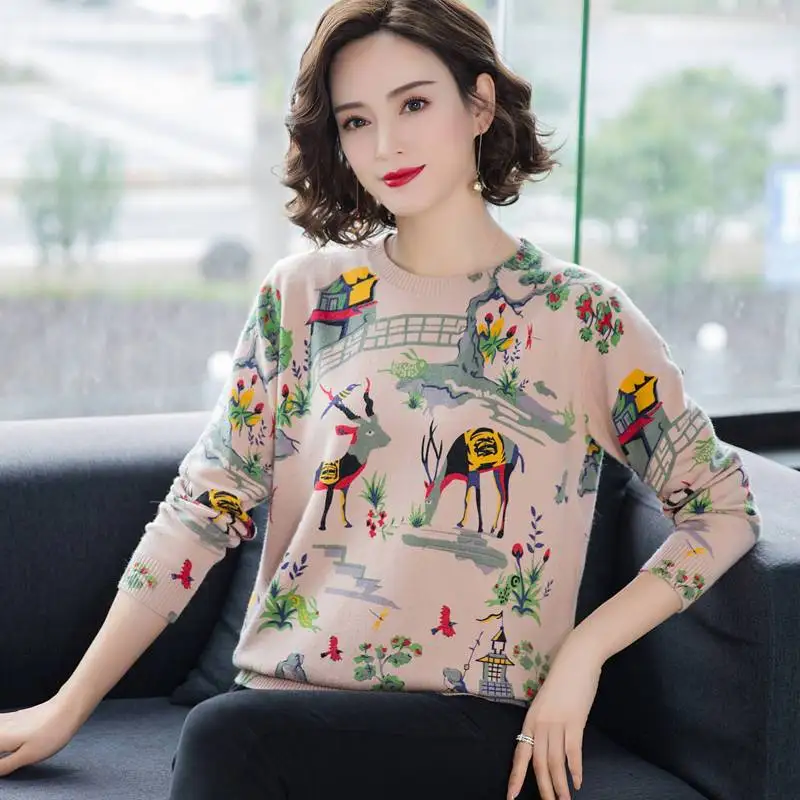 

Spring and Autumn Base Sweater New Printed Pullover Sweater Small Women's Sweater Thin Illustration Knitted Long Sleeves Tops