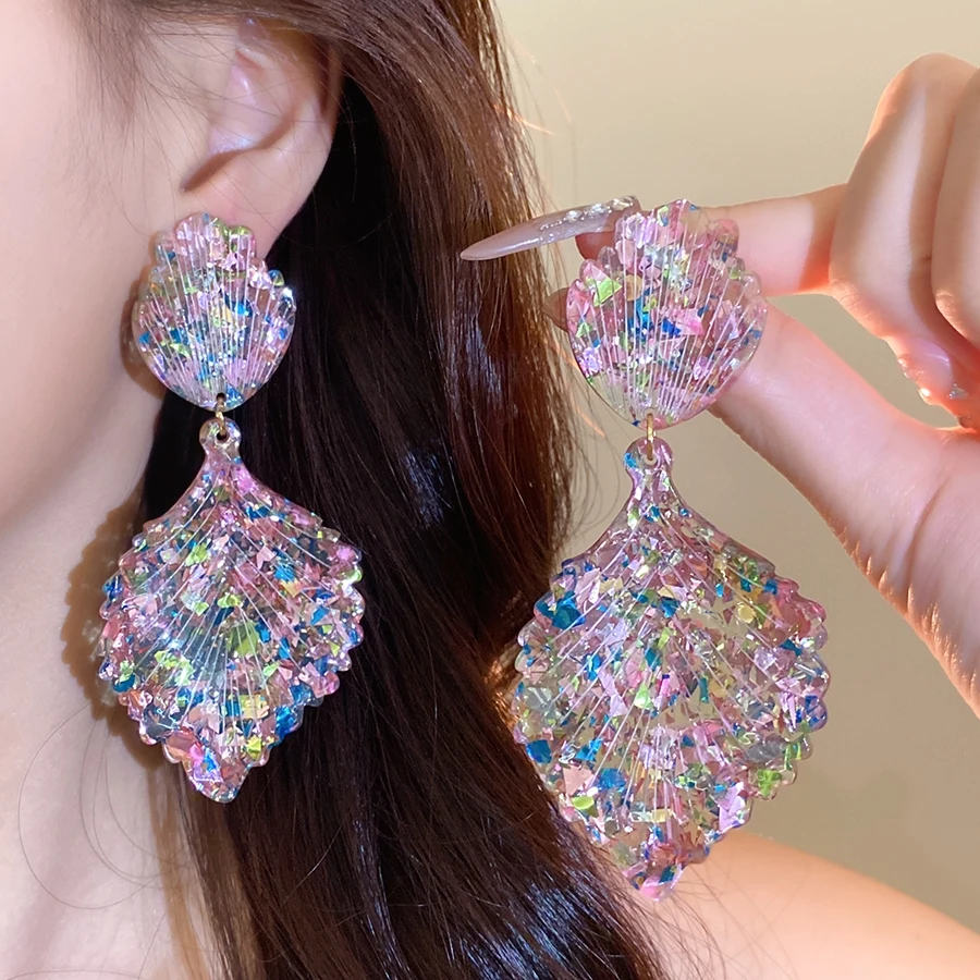 Rhinestone Double-layered Shell Drop Earrings for Women Colorful Transparent Resin Material Luxury Designer Jewelry