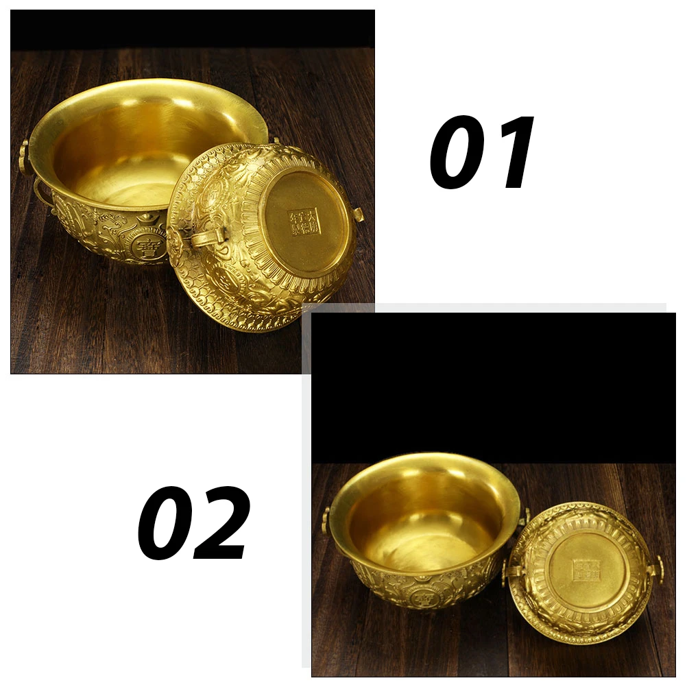 

1Pcs Cornucopia Treasure Bowl Brass Exquisite Hand Carved Fish Bird Beast Double Ear Handle Fortune Ornament Home Desktop