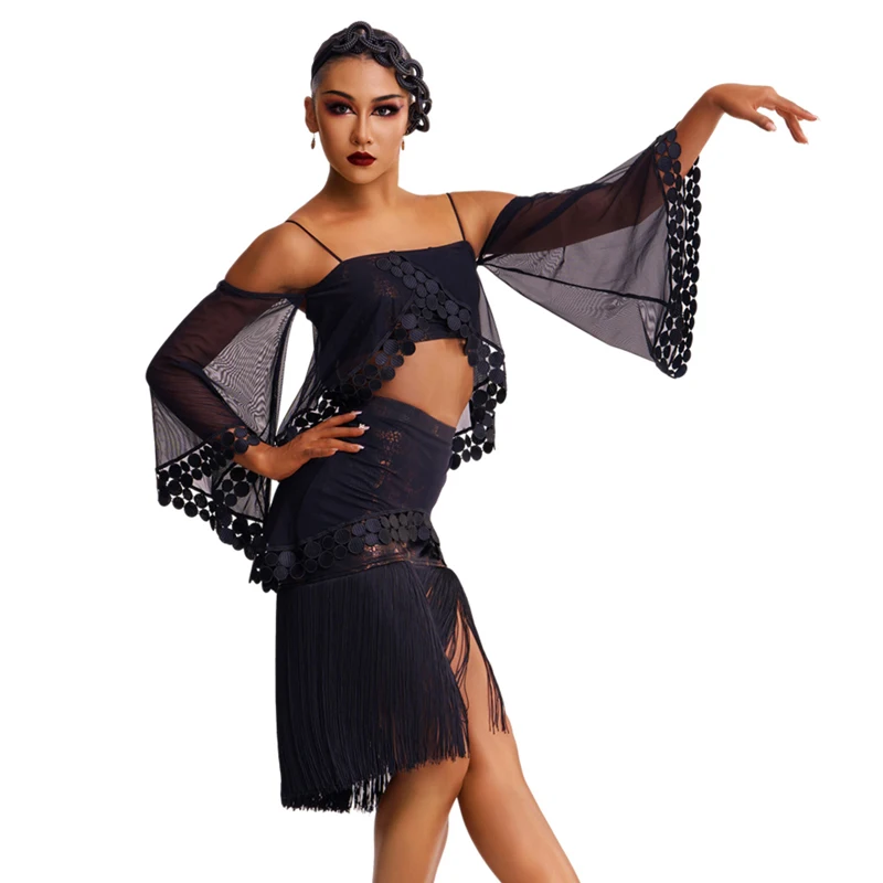 Women Latin Dance Costumes Sexy Mesh Sleeved Latin Top Double Fringes Pleated Skirts Ballroom Competition Dance Clothes SL8941