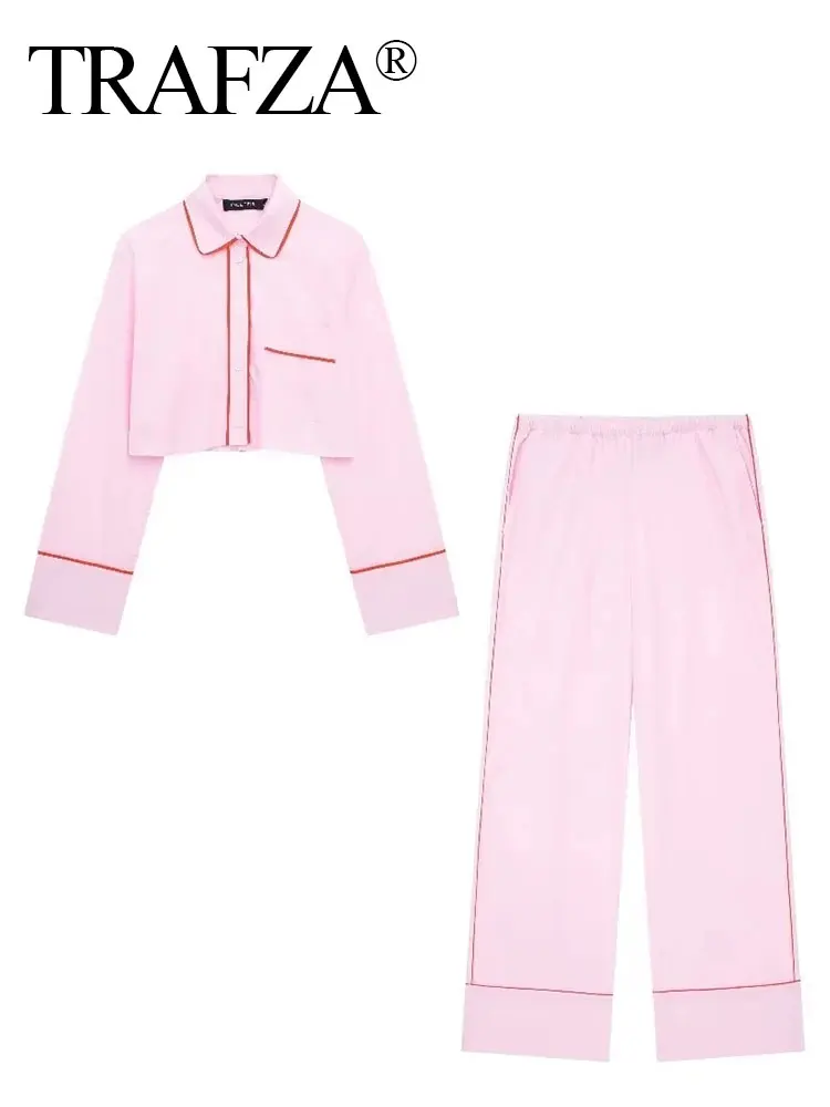 TRAFZA Women Elegant Pink Blouse Pant Sets Single Breasted Long Sleeve Shirt + Drawstring Trouser Fashion Y2K High Street Outfit