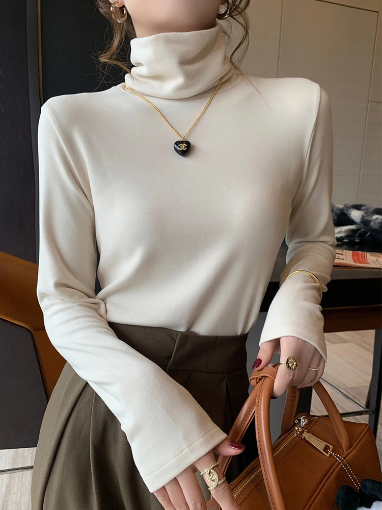 Lady Soft Thermal Turtleneck Long Sleeve Top Stretch Fitted Basic Shirt Autumn Winter Warm Mock Neck Slim Layering Blouse Casual
