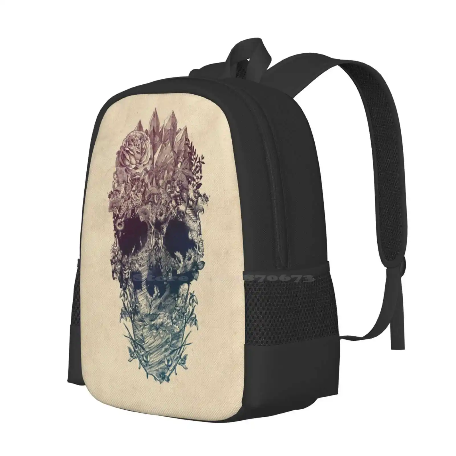 Skull Floral 3D Print Design Backpack Student Bag Ali Gulec Vintage Nature Skull Art Ikiiki Flowers Floral Skull Collection New