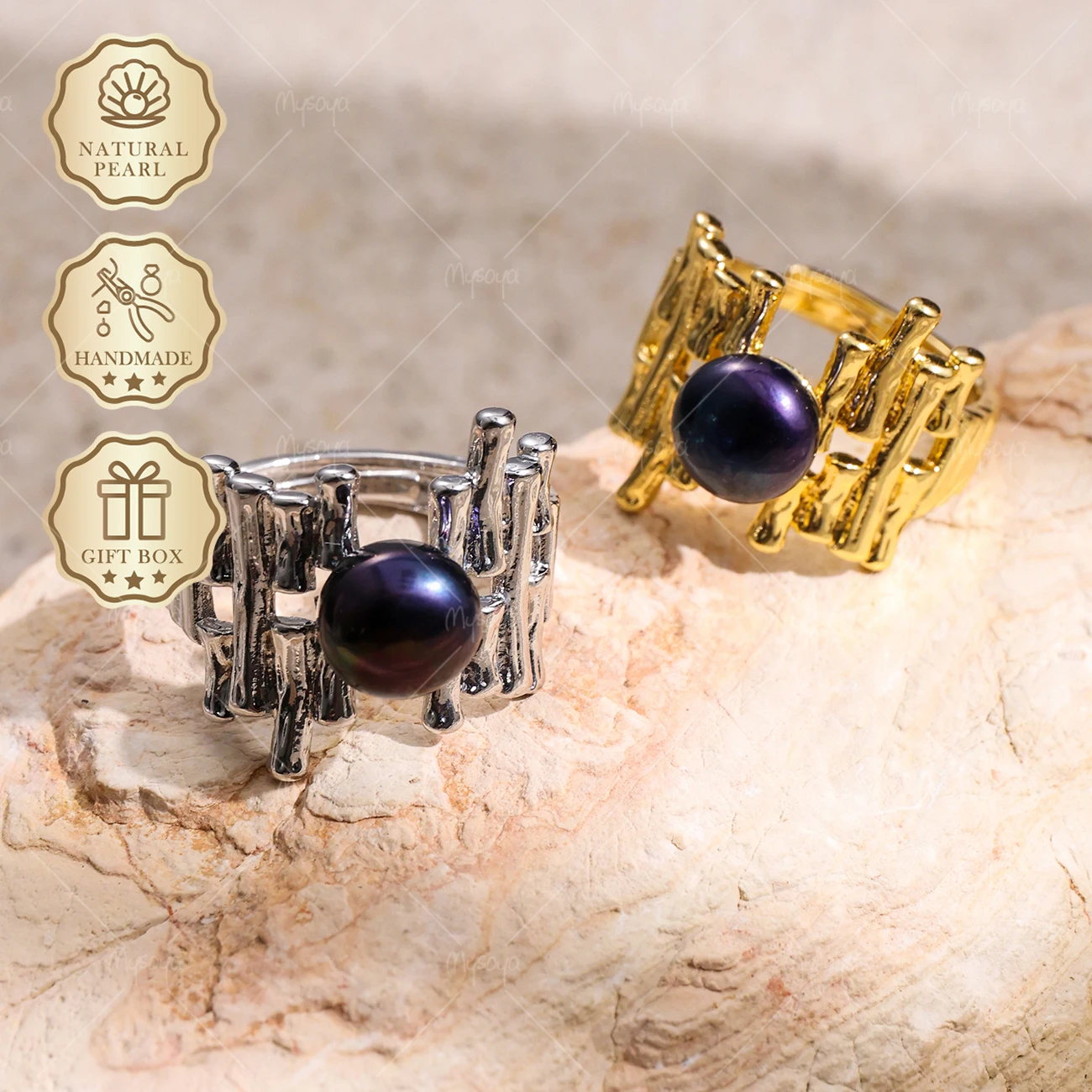 

MYSOYA 8-9mm Black Freshwater Pearl Open Ring Irregular Geometric Ring, Gift Box, Birthday Jewelry S428