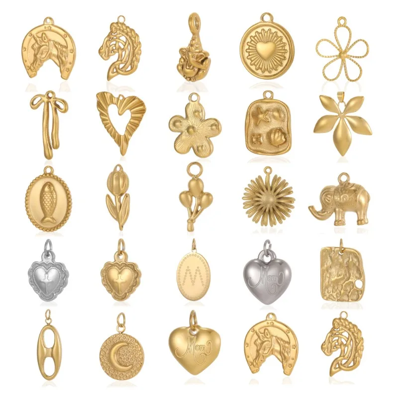 Vintage-Multimotiv-Charm-Anhänger, vergoldet, Elefant, Blume, Herz, Mond, für handgemachte DIY-Halsketten, Armbänder und Schmuckzubehör.
