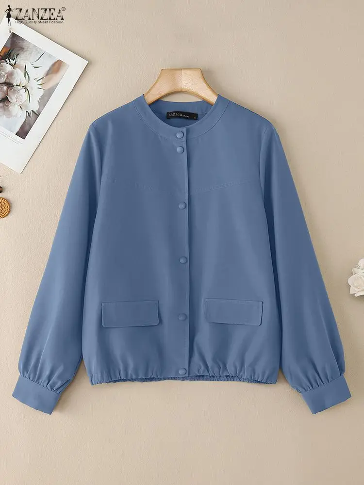 ZANZEA Women Casual Jackets Autumn Long Sleeve O-Neck Button Up Elastic Hem Solid Color Coats Woman Commuting Outerwear S-3XL