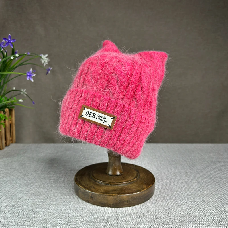 24 New Cute Cat\'s ears Wool Hat Women Rabbit Hair Knitted Hat Winter Thickened Warm Cap