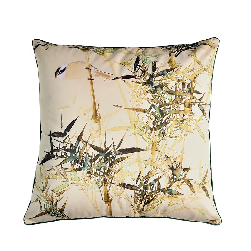 Diphylleia Oriental Art Bamboo Leaf Decorative Pillow Cover Elegant Emerald Apricot Cushion Case For Living Room Sofa Bed Office