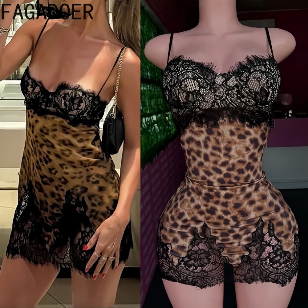 

FAGADOER Sexy Leopard Print Bodycon Mini Dress Women Spaghetti Strap Backless Lace Patchwork Dresses Female Streetwear Vestidos