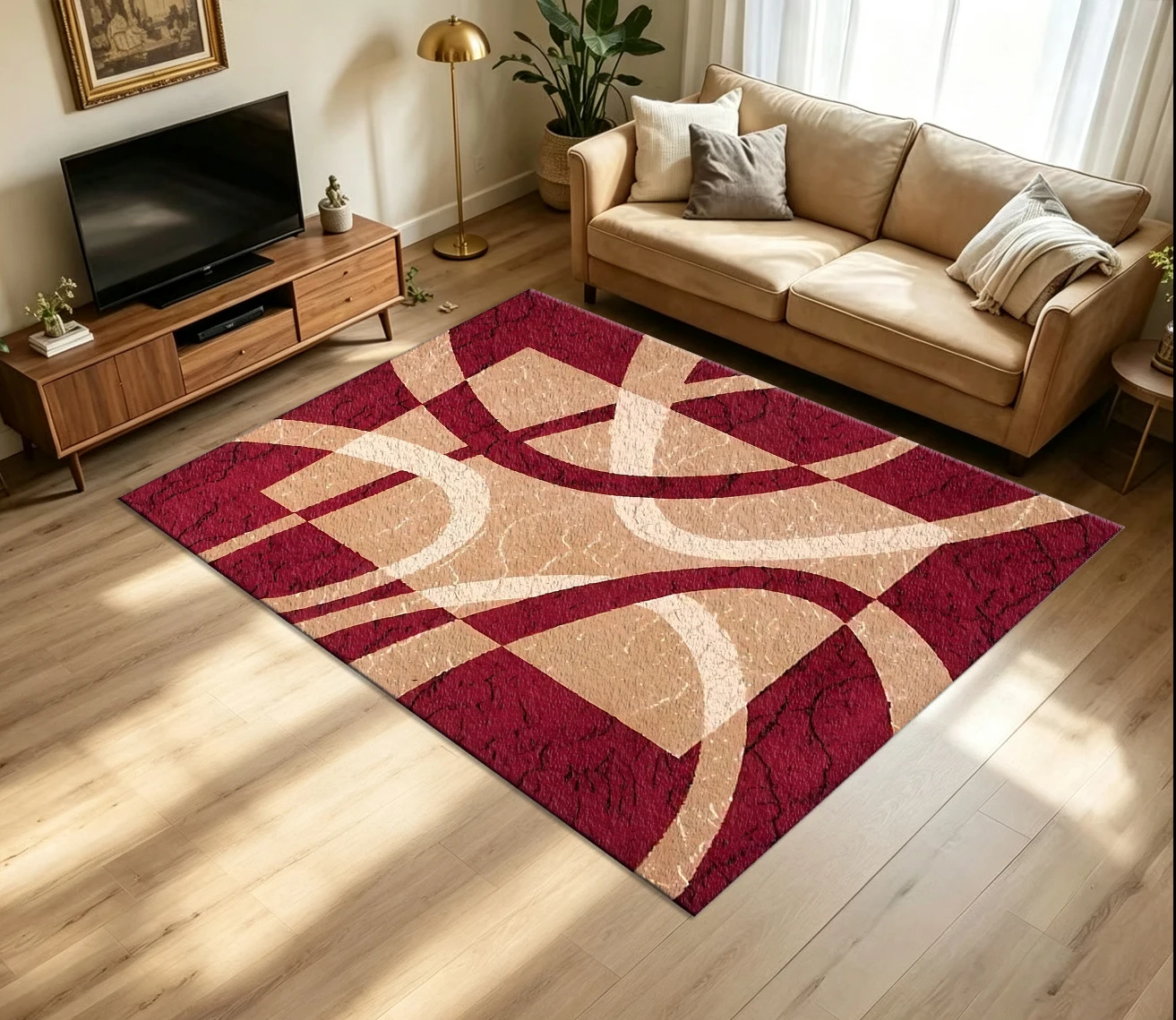 Burgundy Beige Geometric Curved Abstract Carpet Flooring Cracked Texture Large Area Rug for Living Room Home Interior