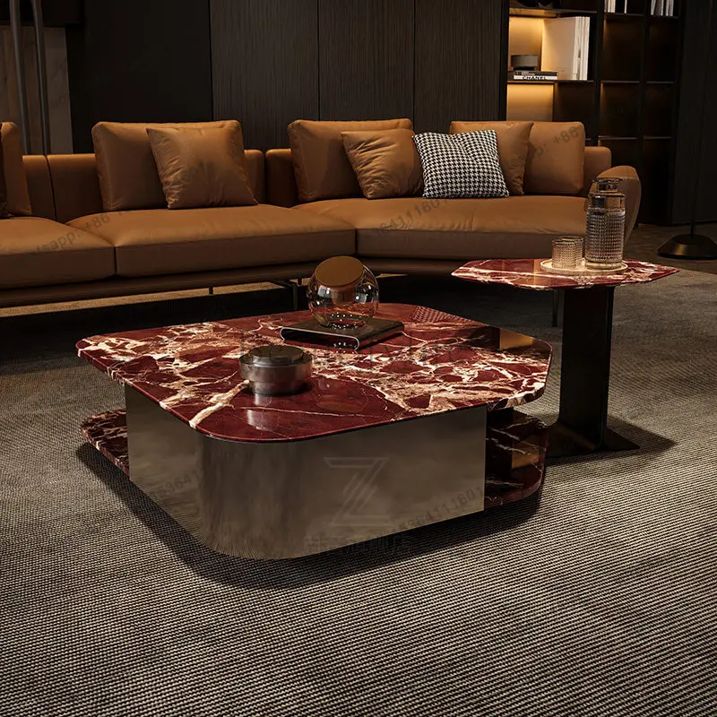 Italian minimalist purple red marble coffee table stainless steel special-shaped 2025 new light luxury high-end feeling