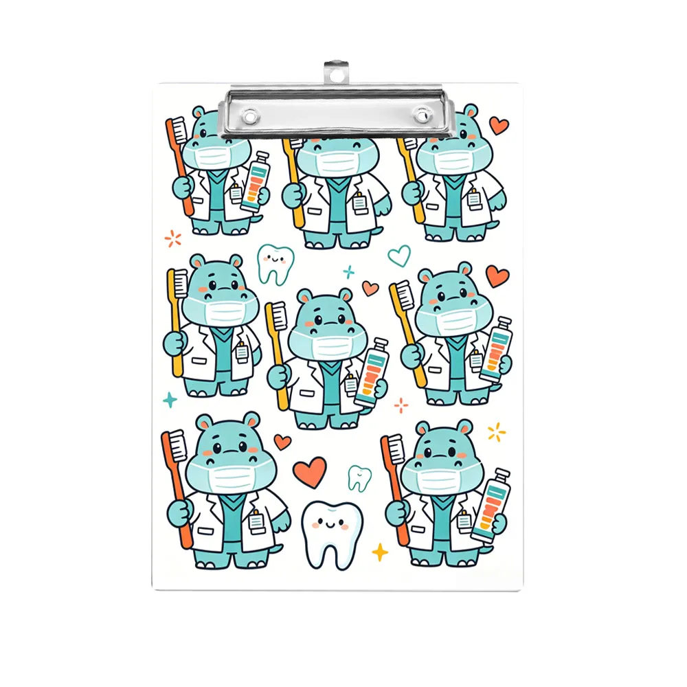 

1pc A4 Hippopotamus Dentist Theme with Clip Writing Board Double sided Printing Pattern Office and Learning Supplies