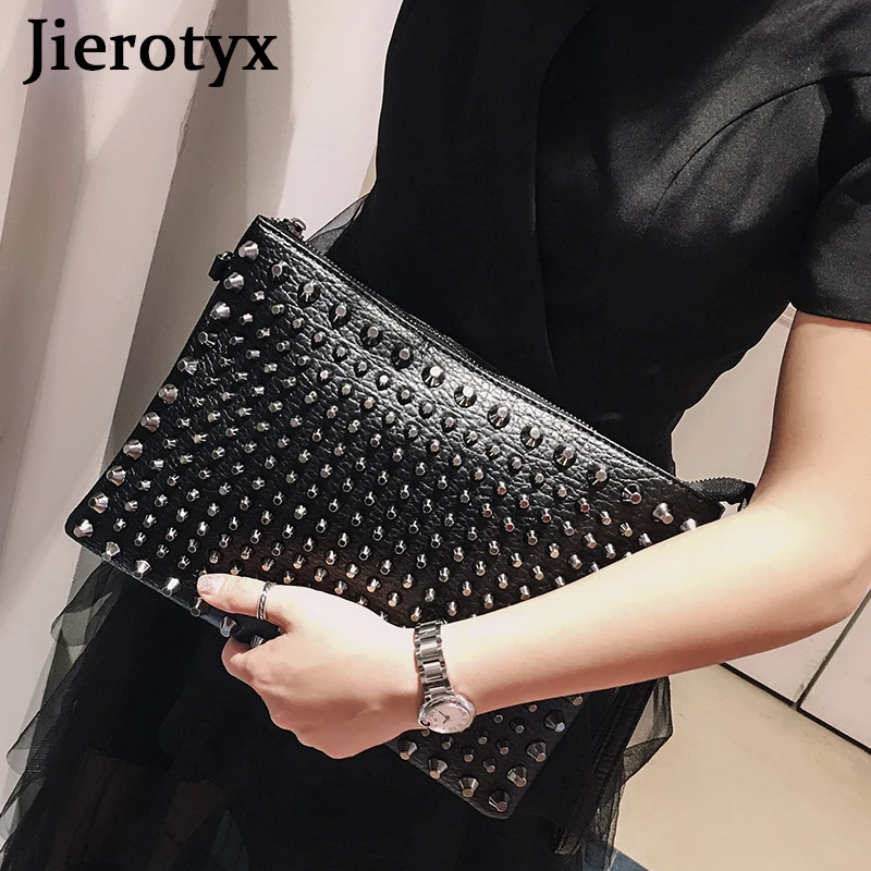 JIEROTYX Evening Clutch Bags for Women Luxury Brand Punk Rock Style Rivet Shoulder Envelope Bag Unisex Black Leather Handbags