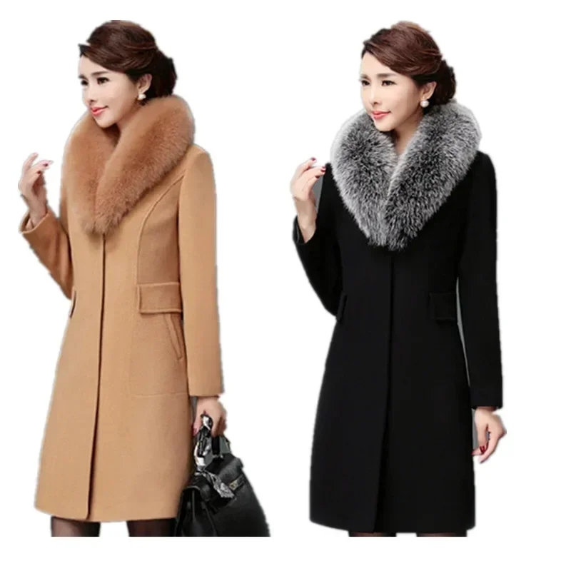 Autumn Winter High End Fashion Slim Was Thin Woolen Coat Faux Fur Fur Collar Slim Was Thin Mid-length Coat Women Coat