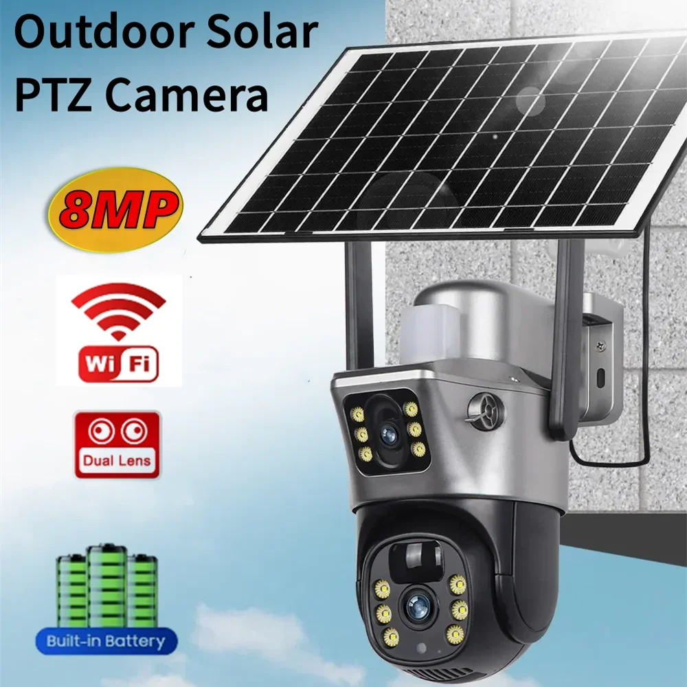 

Solar Camera Outdoor Dual Lens WiFi 8MP 4K IP Camara Solar Panel CCTV Security Built in Battery PIR Cam V380