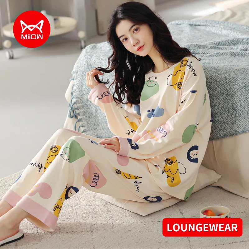 MIIOW frauen Pyjamas Sets Lange Ärmeln und Hosen 2 Stück Nachtwäsche Lose Bequeme Nette Cartoon Loungewear Winter Zu Hause Kleidung