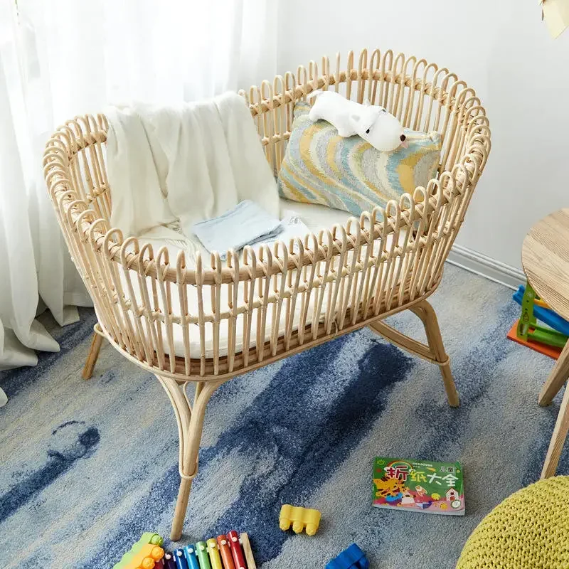 Crib Retro Natural Rattan Rattan Furniture Bed Unpainted European Handmade Baby Cradle Bed Light Luxury Baby Bed