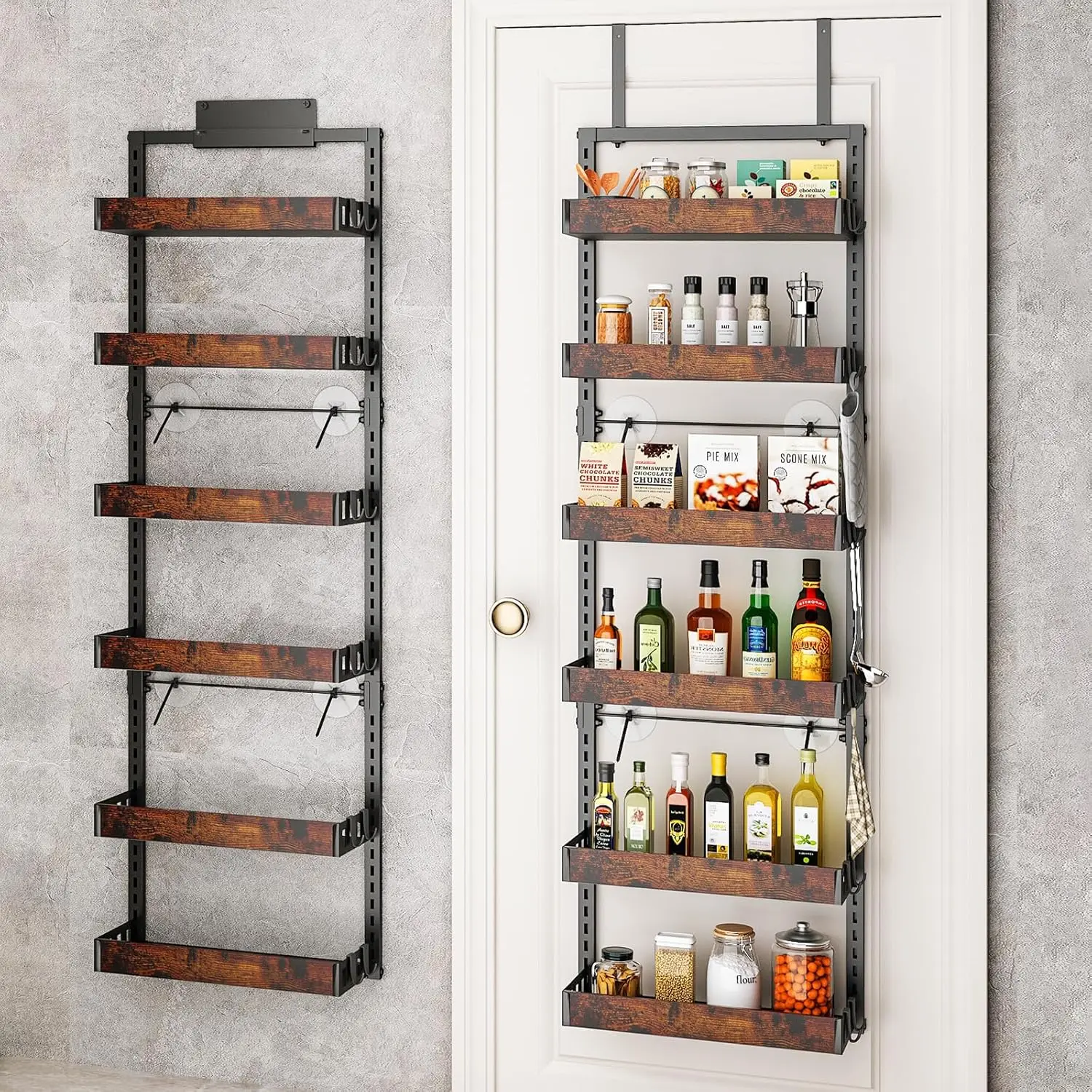 

6-Tier Adjustable Over Door Pantry Organizer, Heavy-Duty Metal Hanging Kitchen Spice Rack with Wooden Baskets