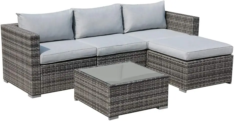 5 Piece Outdoor Patio Furniture Set, Sectional Conversation All-Weather Grey PE Wicker w/Light Cushions, Backyard Porch Garden P