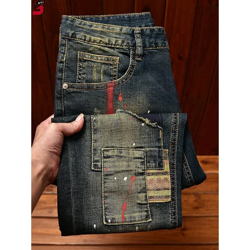 Jeans rasgado high-end masculino com patches, grafite estampado, tubo reto, slim fit, elástico lavado, calça jeans de rua, novo