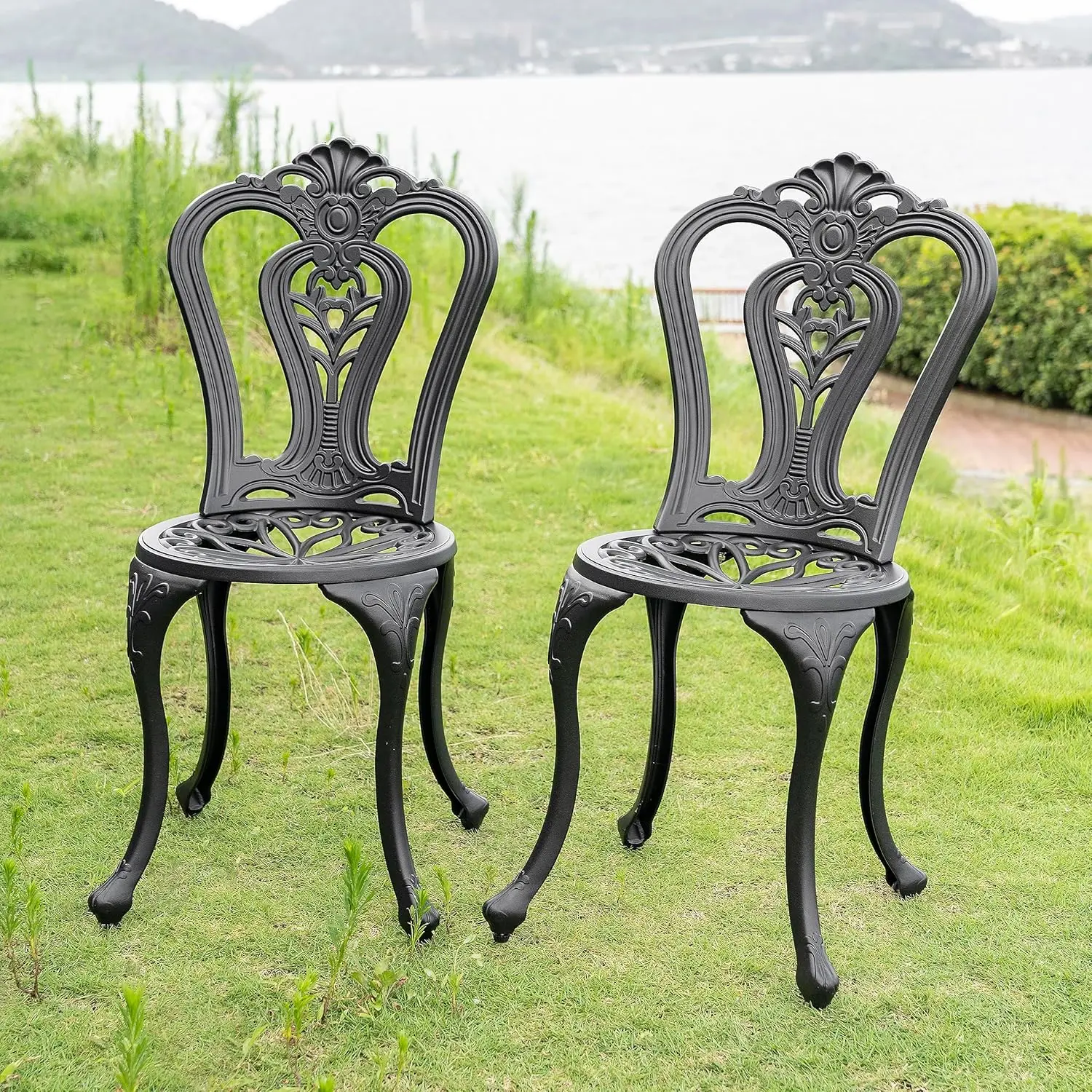 Cast Aluminum Patio Chairs All Weather Outdoor Dining Chairs Set of 2 Indoor Outdoor Bistro Chairs for Balcony,Backyard,Black