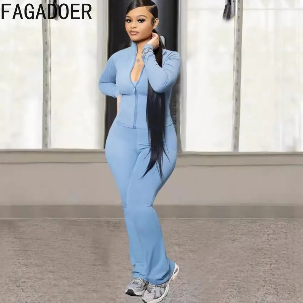 FAGADOER Casual Sporty Two Piece Sets Tracksuits Women Zip Jacket + Strap Jumpsuits and Autumn Winter Jogger Fitness Streetwear