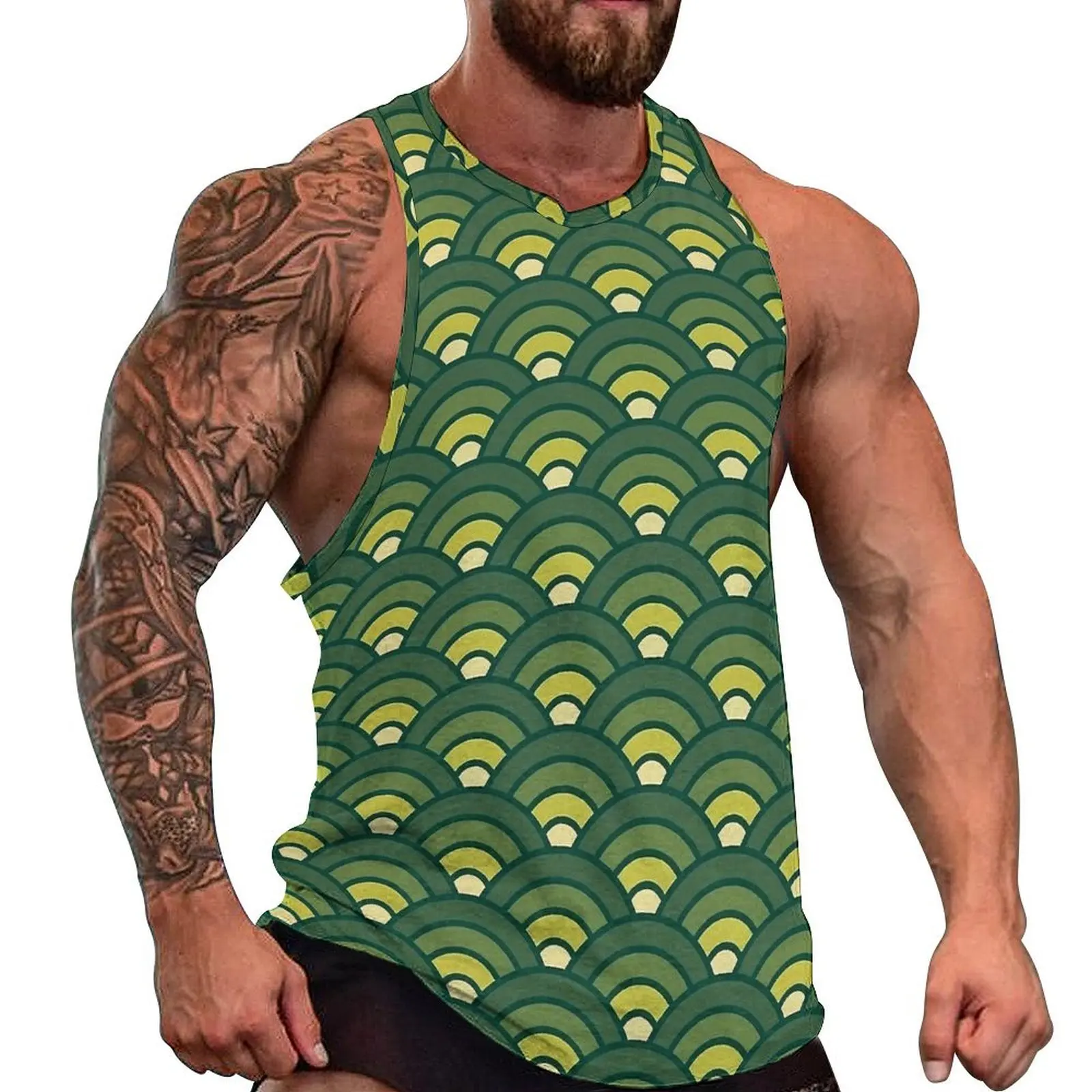 Japanese Seigaiha Tank Top Green Yellow Sportswear Tops Summer Gym Man's Graphic Sleeveless Shirts Large Size 4XL 5XL