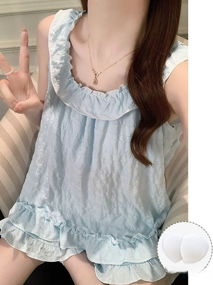 

Sweet Blue Strap Sleepwear Women's Home Clothes Set with Chest Pad 2026 New Summer Japanese Style Comfortable Breathable