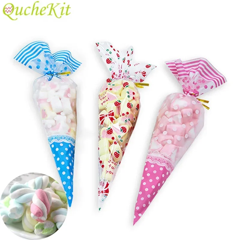 2 크기 50pcs 다채로운 삼각형 비닐 봉투 콘 모양의 치료 팝콘 가방 DIY 웨딩 생일 플라스틱 셀로판 캔디 가방