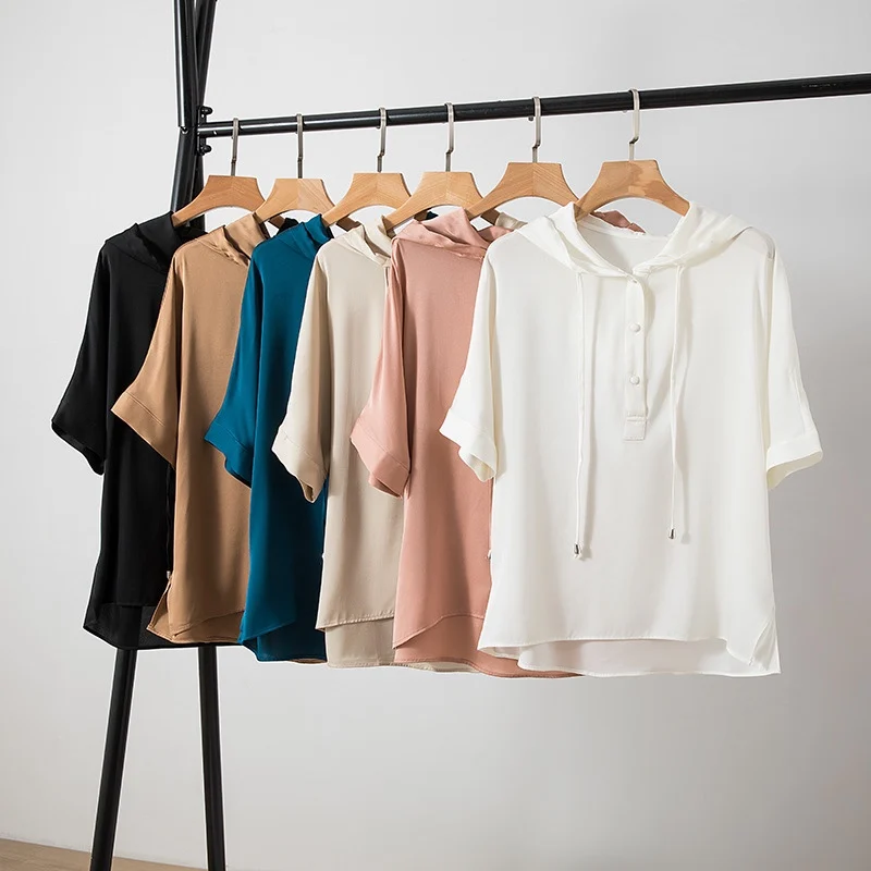 

93% Mulberry Silk 7% Spandex Women Hoodie Blouse Loose Type Solid Colors Hooded Neck Short Sleeve Top Shirt Pullover QQ051