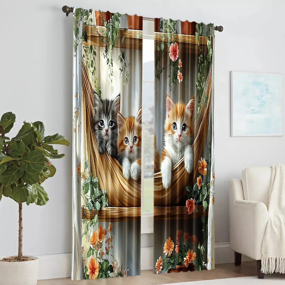 2 pcs, versatile polyester transparent curtains for home decoration Fun Animal Cat for use in bedrooms and living rooms