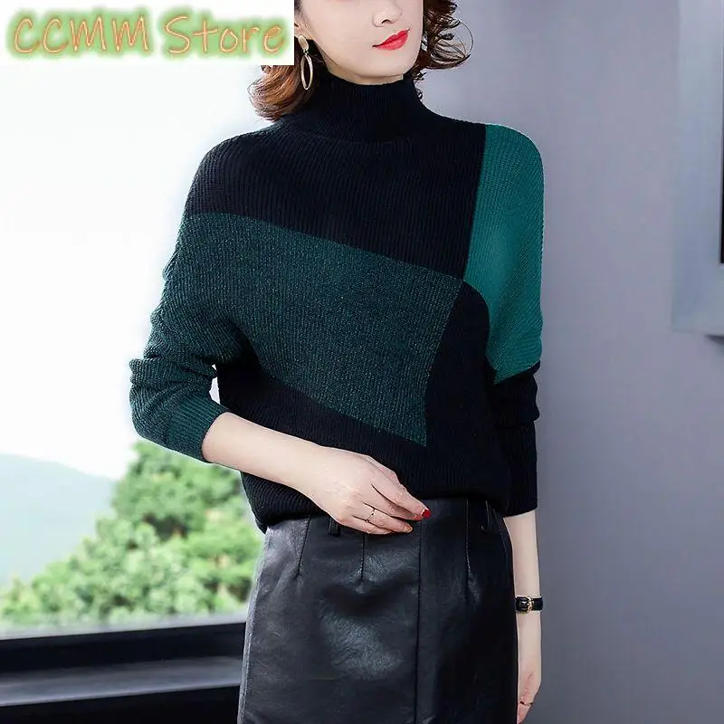 

New Autumn Winter Simple Turtleneck Sweater Color Block Fashion Loose Versatile Long Sleeve Knit Bottoming Casual Pullover Top