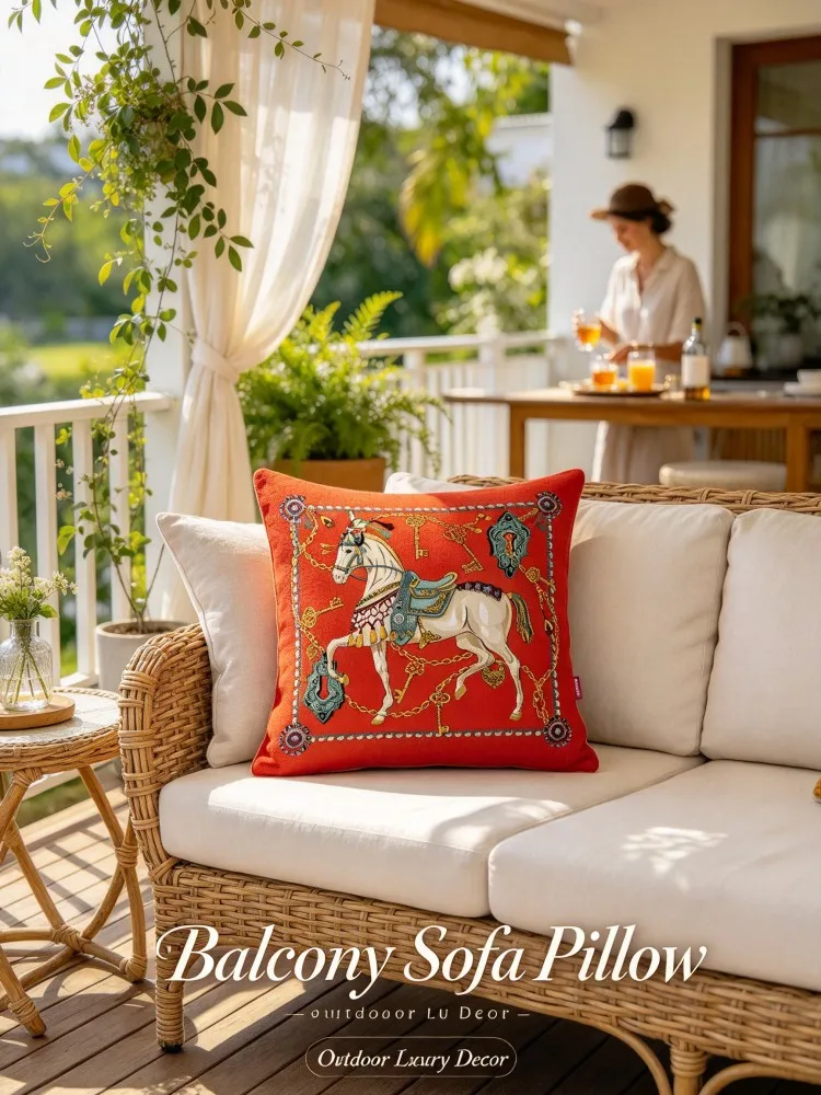 Red Horse Pillow Cover Luxury Equestrian Print Soft Cushion Case for Sofa Window Seat Balcony Sunroom Living Room Home Decor