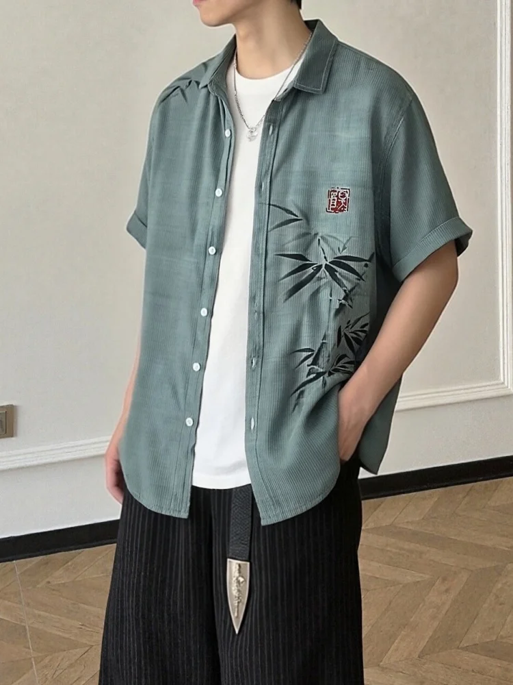 

Men's Simple Bamboo Japanese Art Linen Blend Shirt Fashion Short Sleeve Lapel Collar Single Breast Tops Tunics Oversized Outfits
