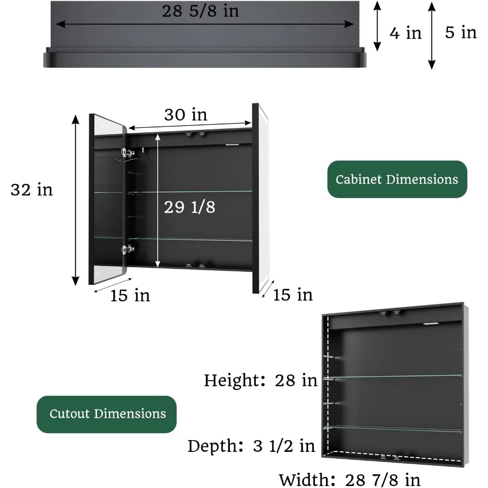 30x32 Lighted Medicine Cabinet with Mirror, Sand Black Frame,3 Colors Temper dimmable,led Medicine Cabinet with Mirror defog,