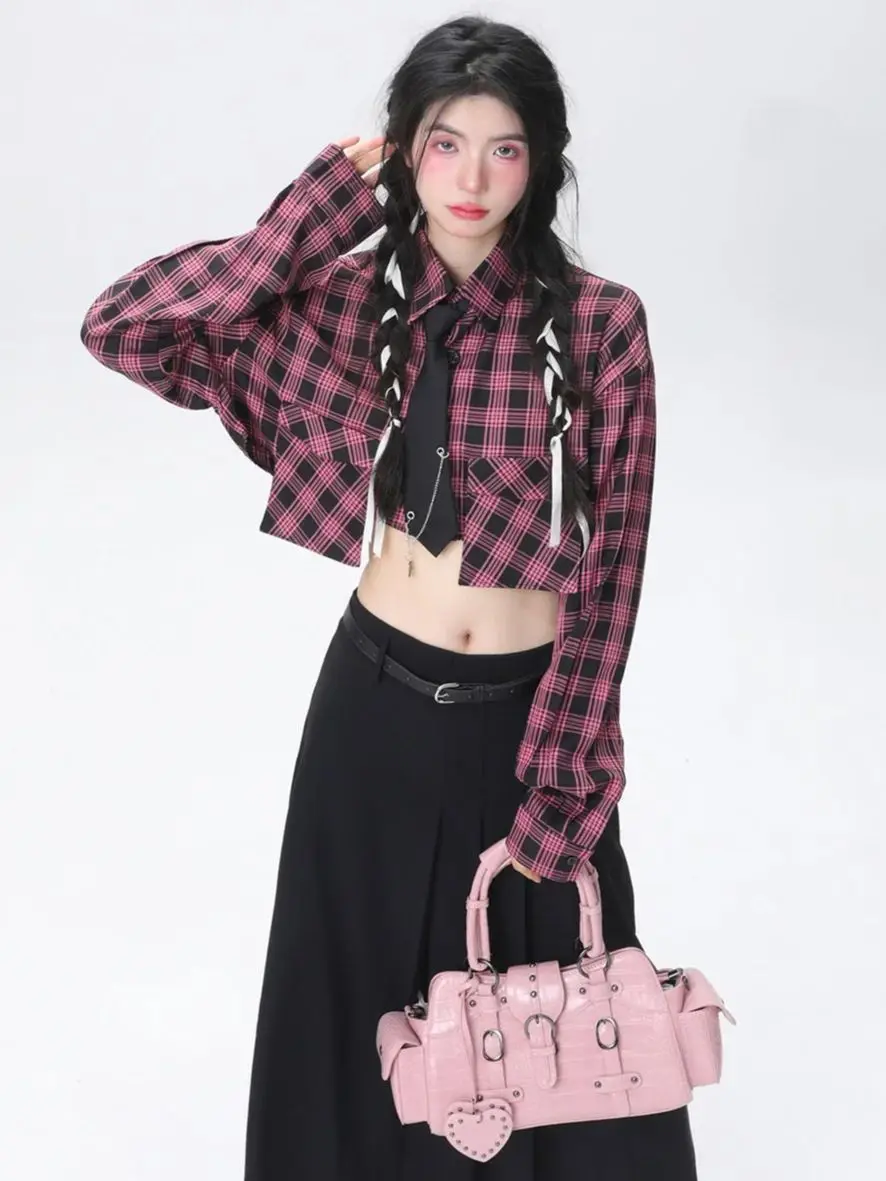 Harajuku Plaid Blouses College Style Design Women Y2k Sexy Korean Style Long Sleeve Shirts Through Crop Tops Streetwear