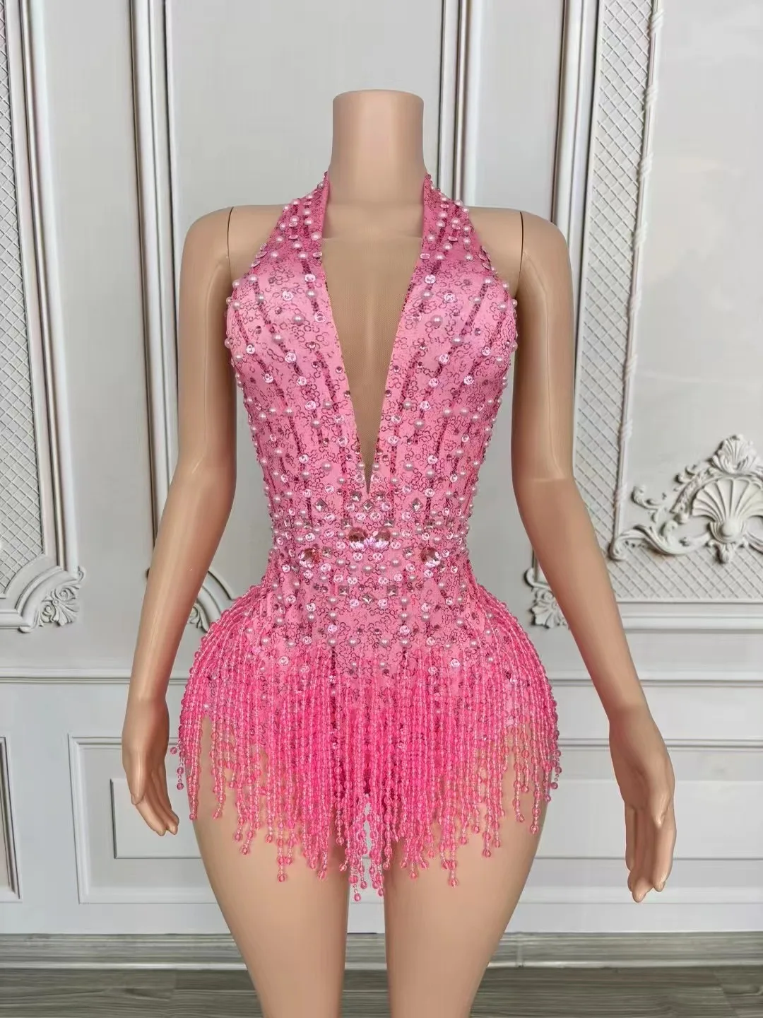 

European And American Sexy Deep V Pink Tassel Jumpsuit Female Singer Stage Collar Dance Costume Car Show Model Performance