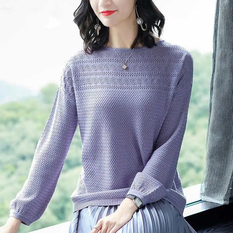 Women\'s 2024 Spring and Autumn New Spliced Pullover O-Neck Fashion Solid Color Minimalist Casual Loose Long Sleeve Knitted Top