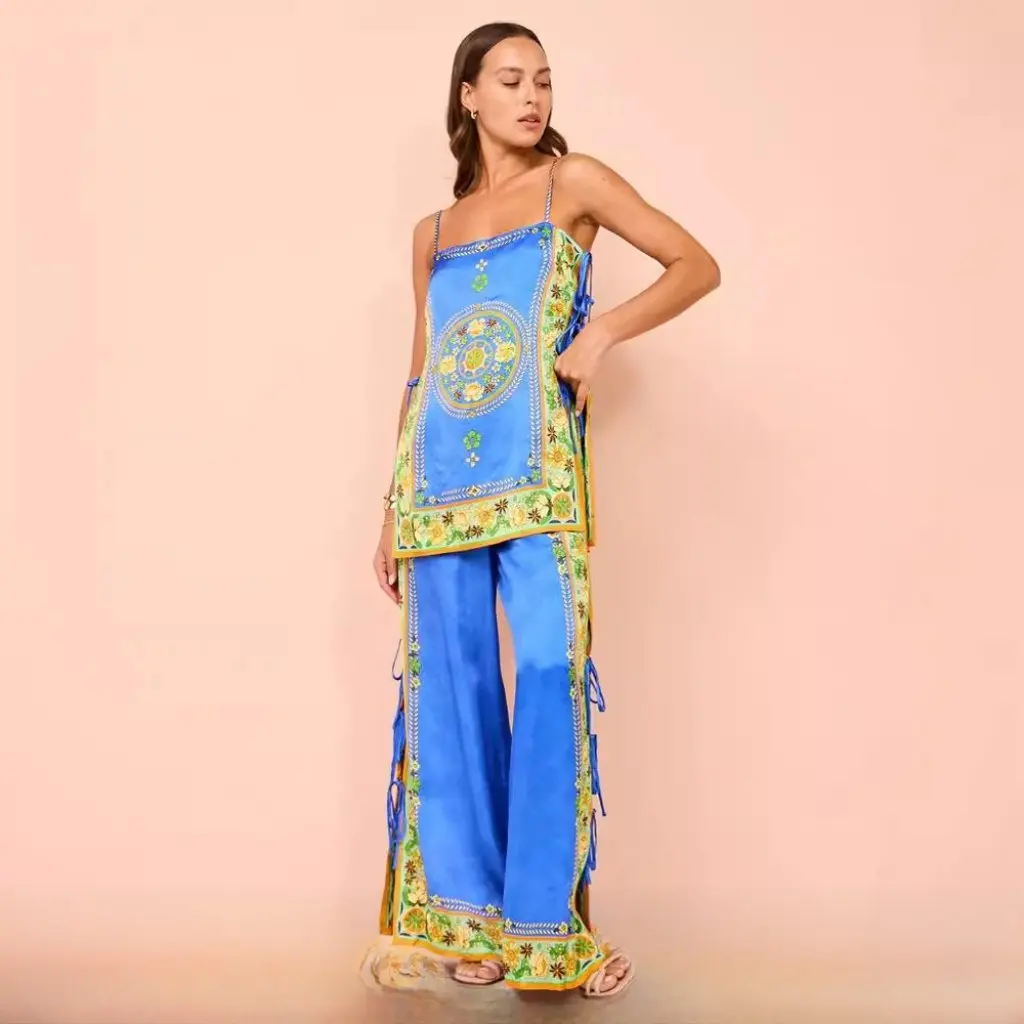 

Retro Sexy Ethnic Style Satin Printed Casual Suit European American Fashion Independent Station New