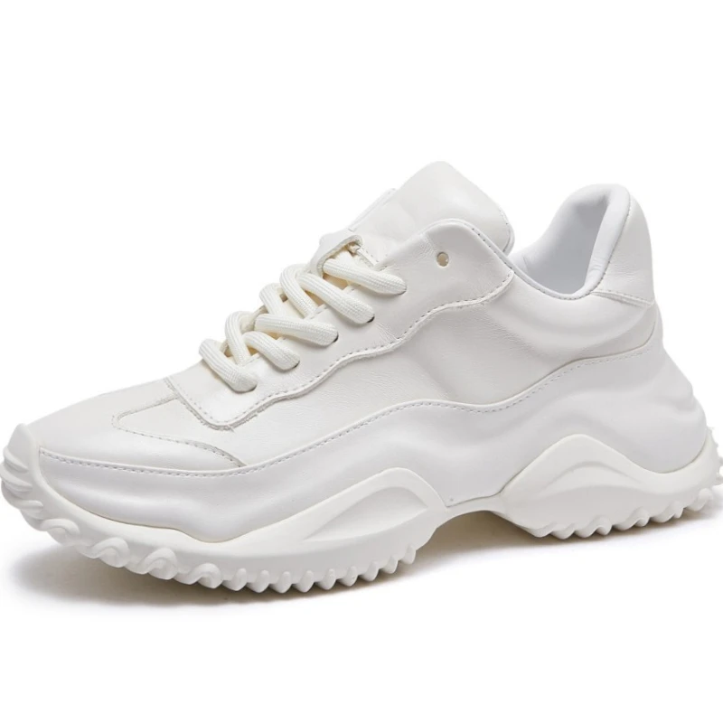 Retro Style Horse Leather Daddy Shoes Men's Spring/Autumn Height Increasing Casual Sports Shoes High-end Thick Soled White Shoes