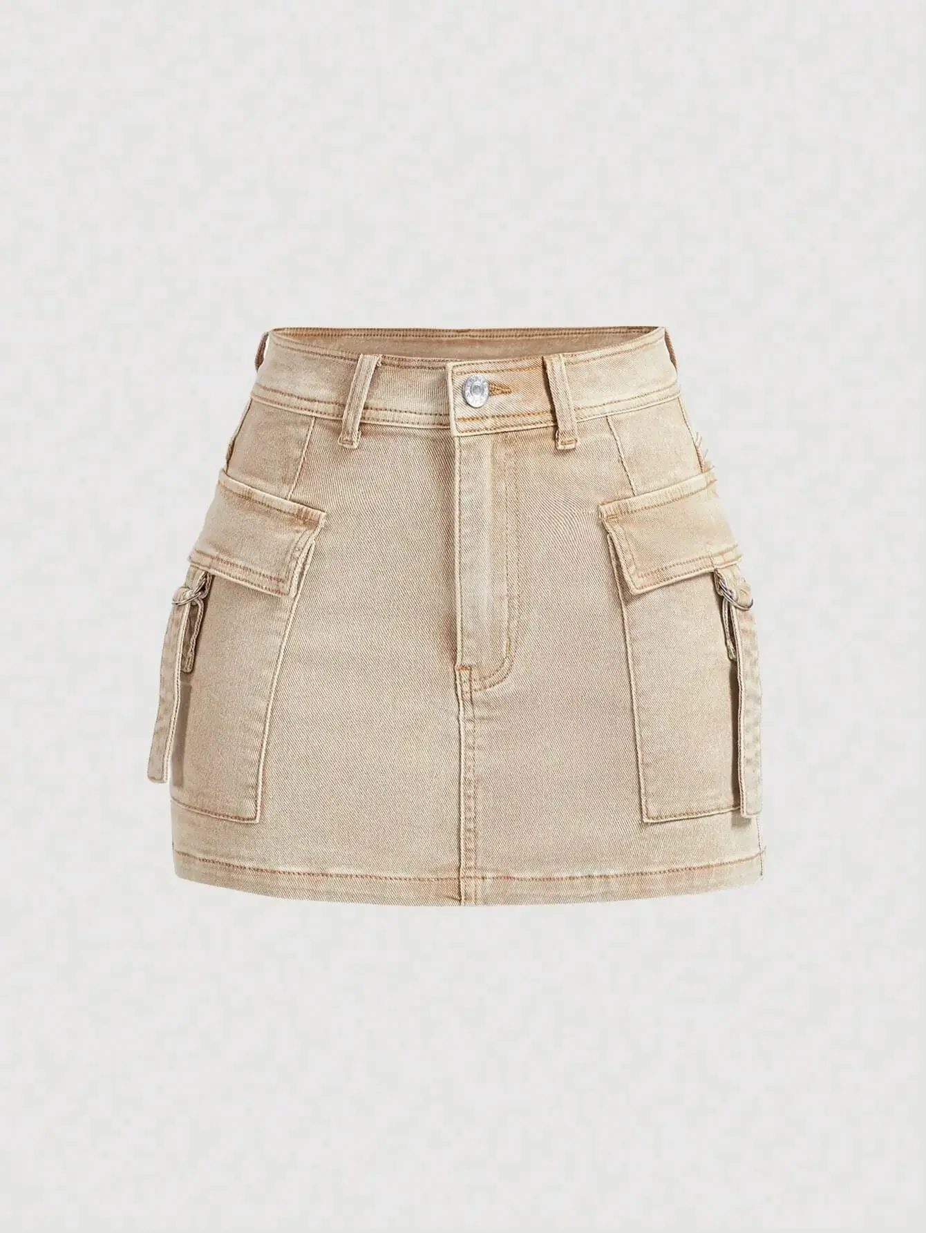 

Women's Beige Cargo Pocket Denim Mini Skirt with High Waist and Flap Pockets