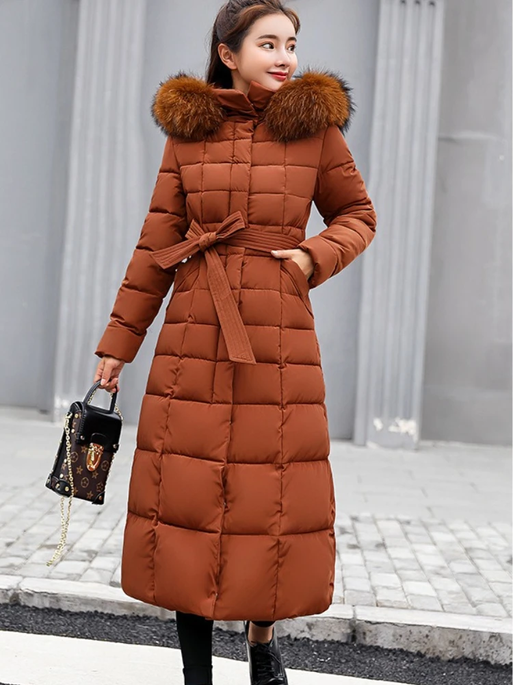 الإناث الشتاء فوق الركبة فضفاضة كبيرة الفراء طوق مقنعين الدافئة سميكة سترات طويلة أسفل القطن حجم كبير سترات معطف المرأة معطف مبطّن #6