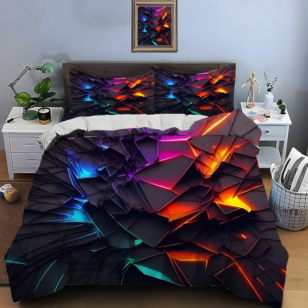 Cyber ​​Neon Shattered Geometry Bedding Set for Kids Luxury Gift 3pcs Digital Print Comforter Set Soft Comfortable Breathable