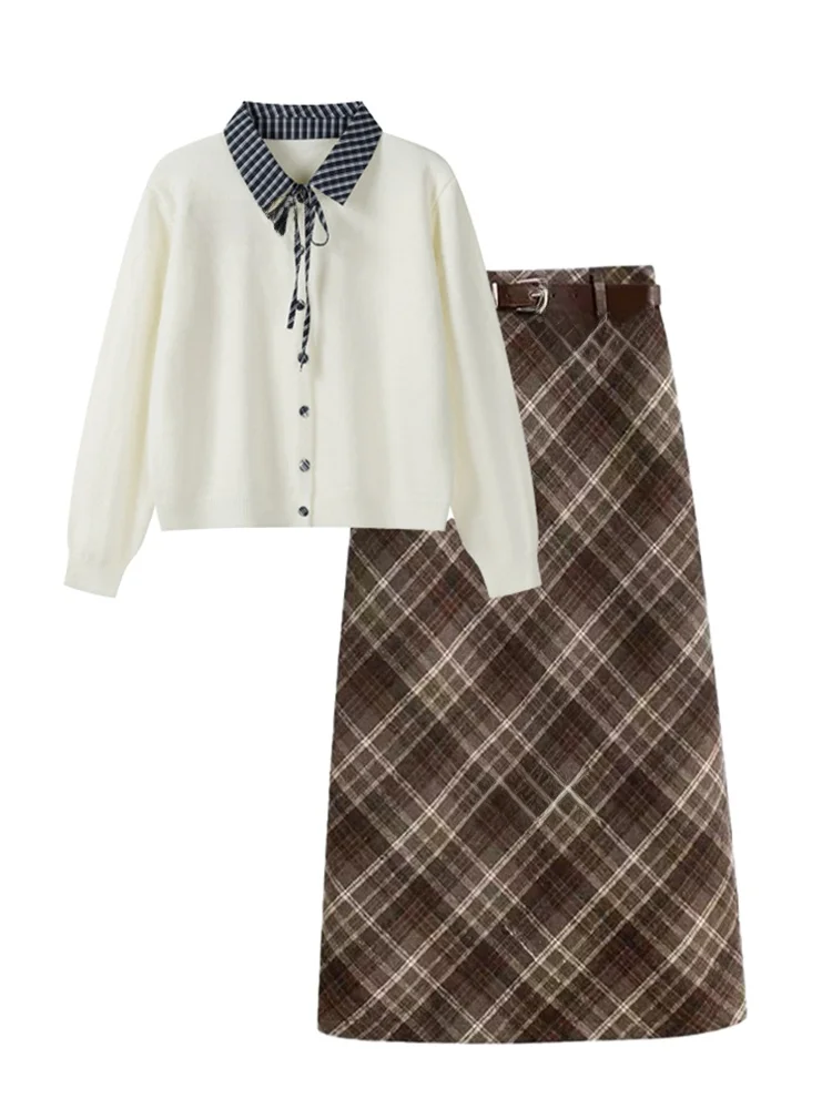 秋冬ルーズフィットチェック柄ニットセーターコート、襟付きパッチワークデザイン、プラスサイズレディースファッションカジュアルアウトフィットセット