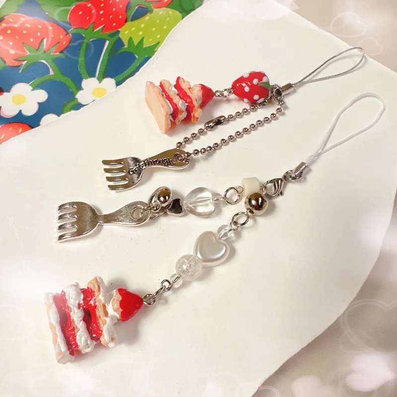 1 Piece Cute Retro Strawberry Phone Strap Charm for Girls Sweet Dessert Cake Short Phone Lanyard Portable Kawaii Phone Pendant