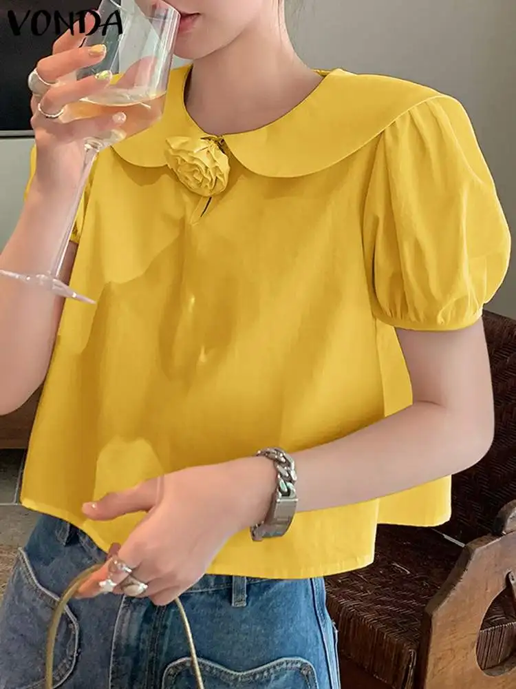 

VONDA Women Tops and Blouses 2024 Summer Short Sleeve Doll Collar Solid Color Flower Fashion Shirt Casual Loose Blusas Tunic
