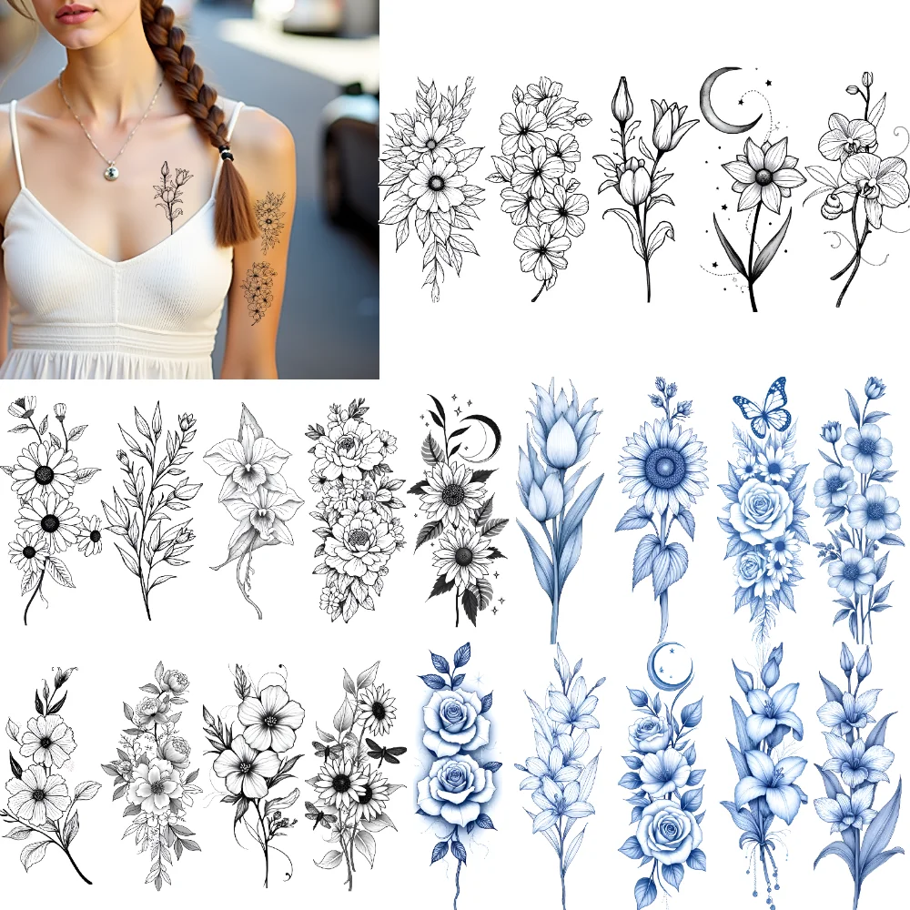 

9pcs Temporary Tattoo Floral Tattoos Temporary Tattoo Stickers Butterfly Tattoos Moon Tattoos For Back Adults Arms
