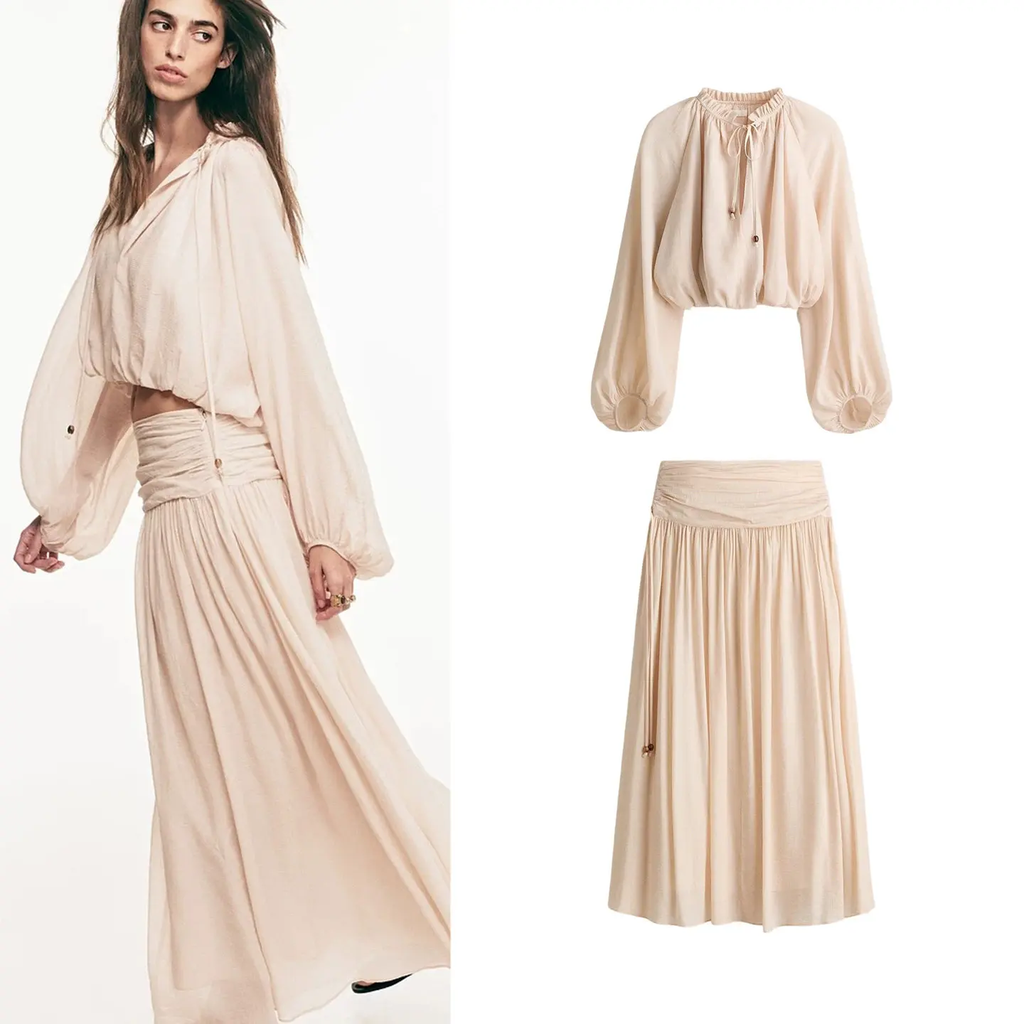 Loose Fit Bubble Sleeve Long Sleeve Floral Collar Half Skirt with Pleated Design Summer Commute Style Women's Fashion Set